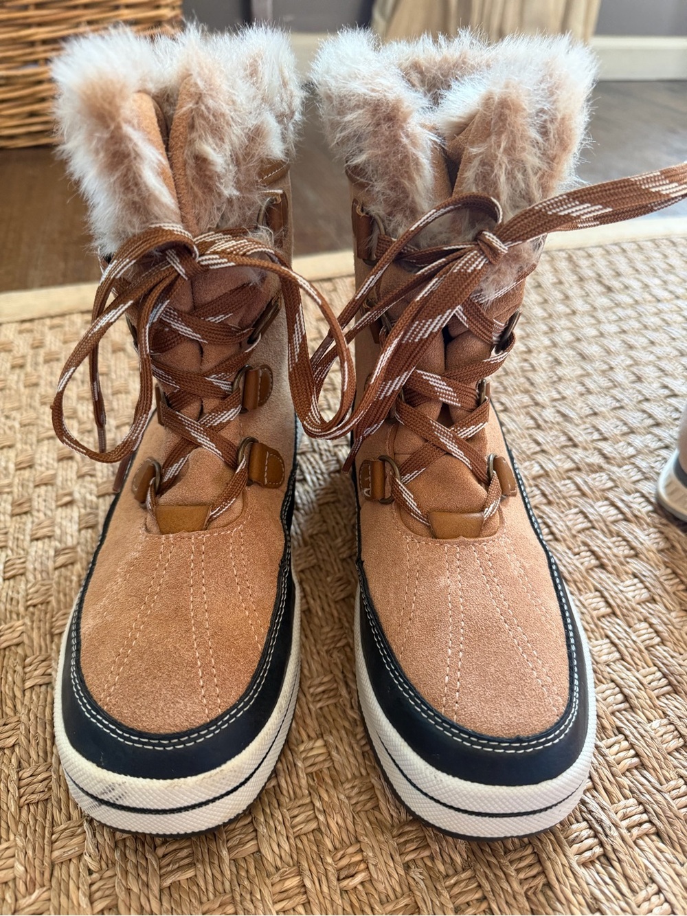 Universal Thread Tan Faux-Fur Lace-Up Ankle Booties